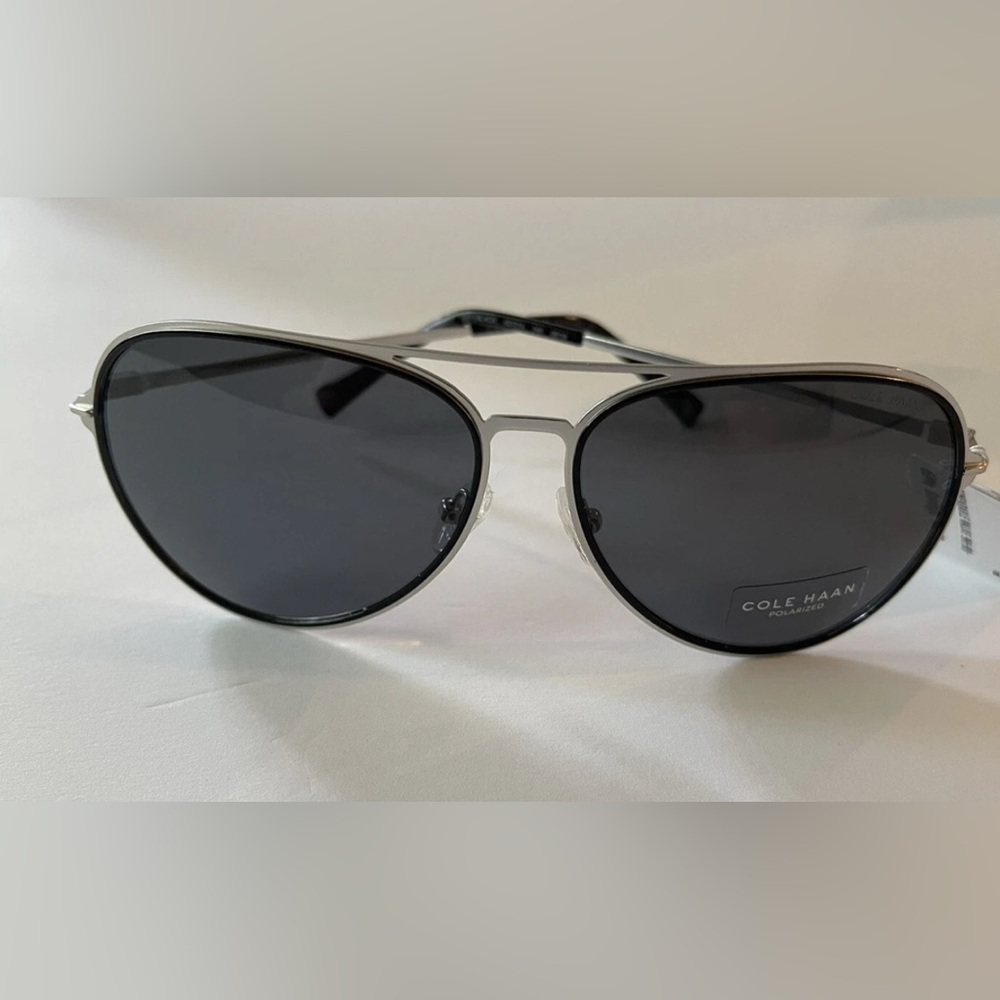 Cole Haan Polarized Aviator Sunglasses Silver Frame Black Lens CH8007 60/14/140